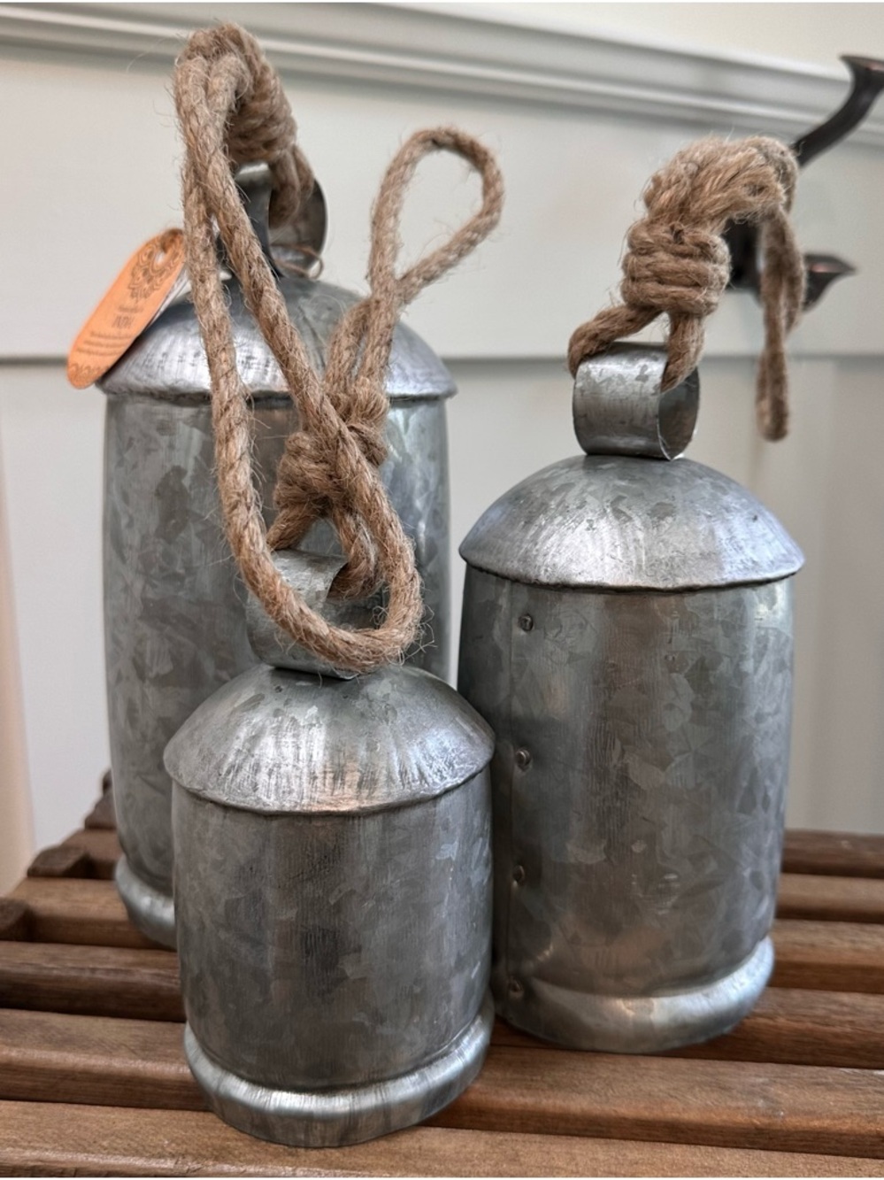 Rustic Indian Galvanized Metal Hanging Bells - Silver Cow Bells Rope Set of 3